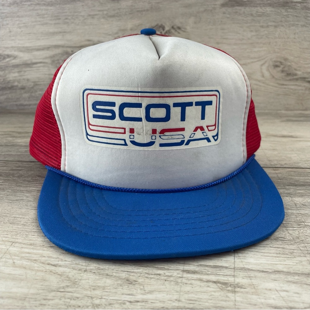 RARE Vintage Scott USA Red White Blue Trucker Snap Back Hat Moto Sport Motocross